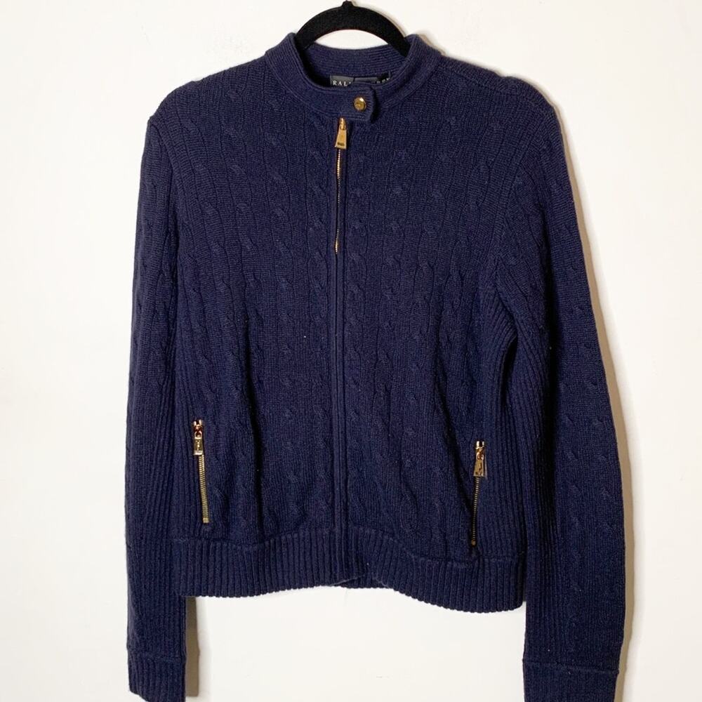 SZ L Ralph Lauren Black Label Cashmere Long Sleeve Cable Knit Blue Zip Cardigan